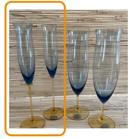 2 - 1993 VTG MIKASA Flute Champagne Pair Stem Wine Glass Blue Yellow Set Ombré - Picture 3 of 12